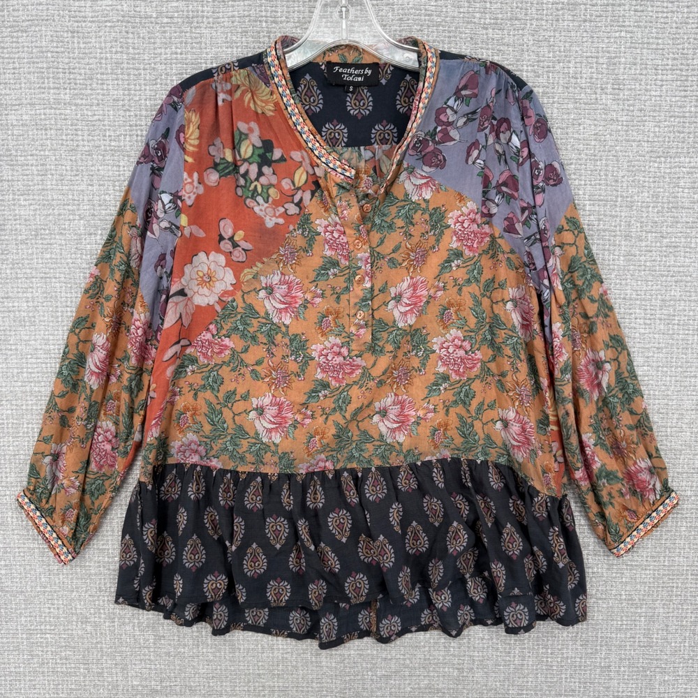 Feathers by Tolani Women's Sz S Top Floral Patchwork Peplum Blouse Boho Peasant‎